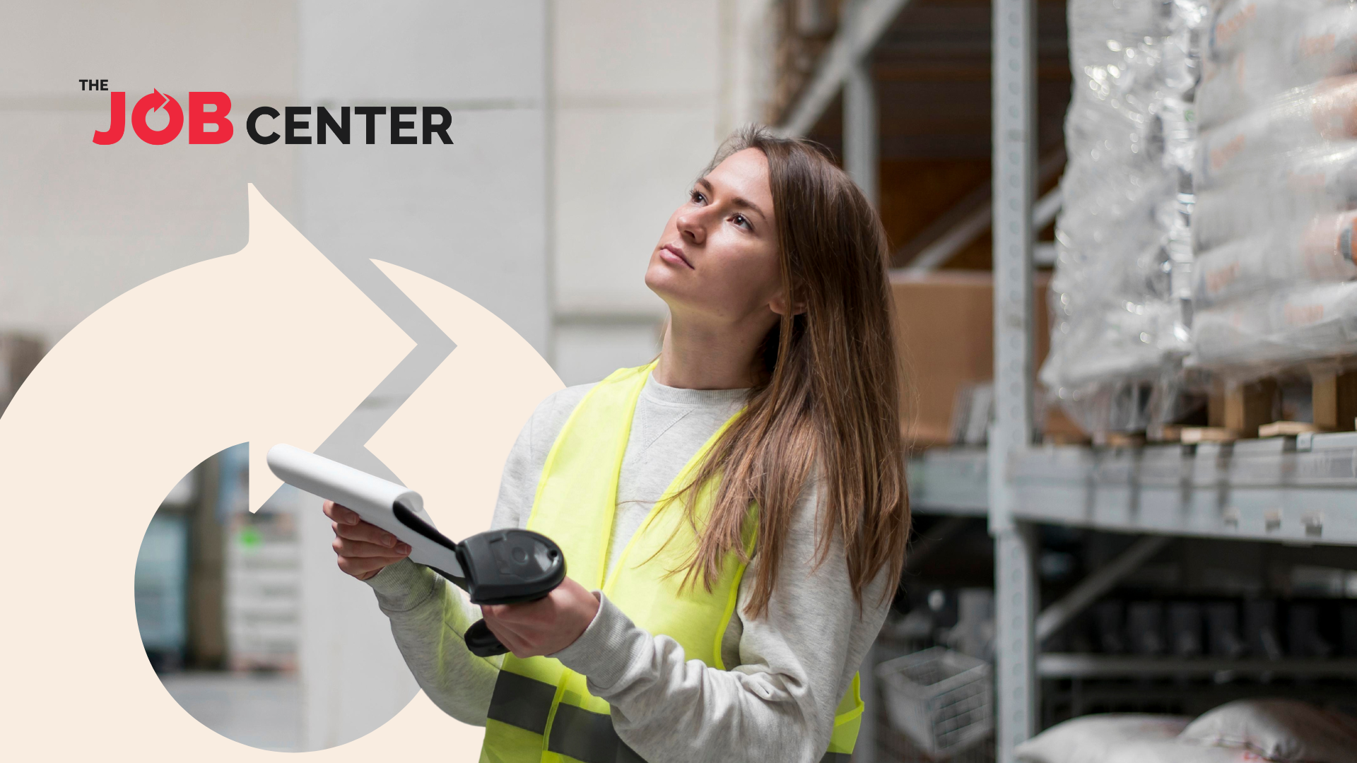 Female warehouse staff wearing a safety vest stands holding a clipboard and scanner, observing the warehouse shelves