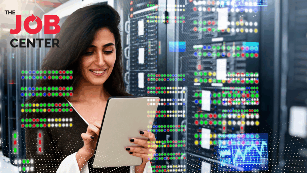 Woman holding a tablet stands in a data storage room.